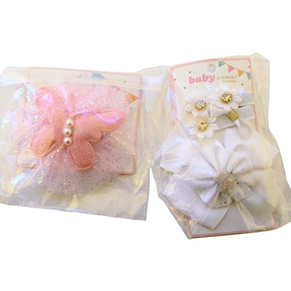 D'Bello Baby Butterfly Sparkle White Pink Hair Clip Set Lot 2 Girls Bows